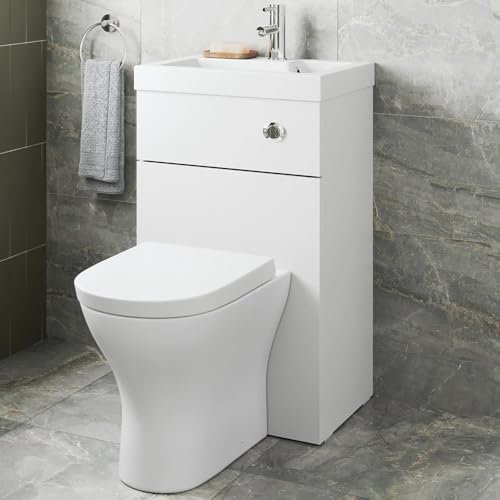 Baystone® Modern Bathroom Cloakroom 2 in 1 Back to Wall BTW Toilet Wash Basin Combi Unit Space Saving Set Soft Close Seat Dual Flush Cistern, White Gloss