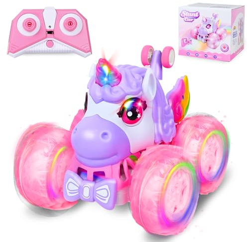 Joellfuner Macchina Telecomandata, Auto Radiocomandata, 360° Rotazione Acrobatica RC Macchina con Musica e Luci LED Colorate, Unicorno Bambina Regalo, Giocattolo Auto Bambino dai 3 Anni