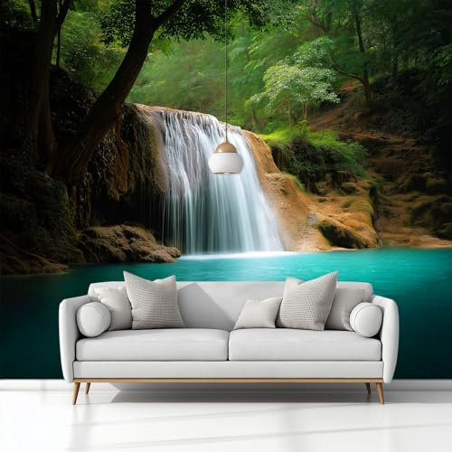 Générique Paysage Naturel Forêt Cascade Papier Peint Effet 3D Vert Photo Peintures Murales, Salon Tv Canapé Thème Hôtel De Luxe Couloir Fond Mur Peinture Décor À La Maison 250 x 175 cm