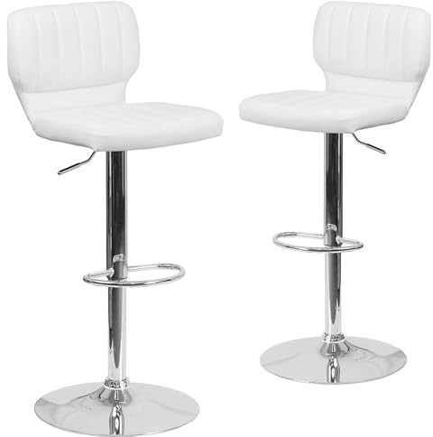 FWStyle Set of 2 White Faux Leather Adjustable Rotating Barstools with Footrest & Chrome Base – Modern Kitchen Breakfast Bar Chairs