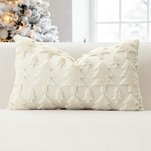 JOTOM 1 Stück Weihnachten Kissenbezüge, Plüsch Kurze Wolle Dekorativ Zierkissenbezüge Weihnachtsbaum Kissenhüllen Sofakissen Kissenbezug Weihnachtsdeko für Wohnzimmer Garten (30x50cm, Creme Beige)