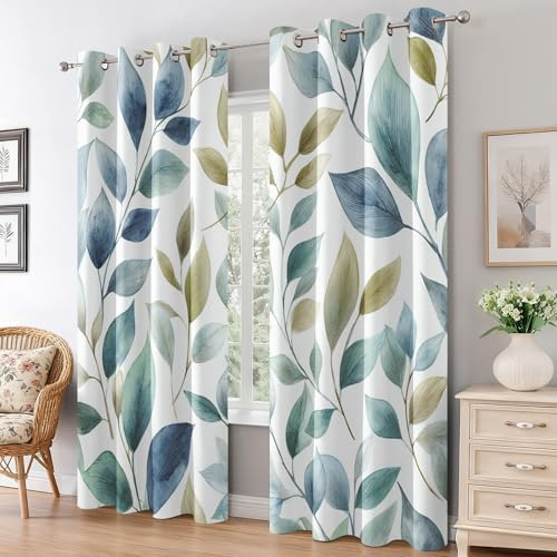 Generisch Vorhänge Grün Blau Blätter Wohnzimmer Fenster, Blickdichte Gardinen Pflanzen Blätter Aquarell Schlafzimmer Deko, Thermo Verdunklungsvorhänge mit Ösen 2er Set, H 166 x B 75 L-C&63