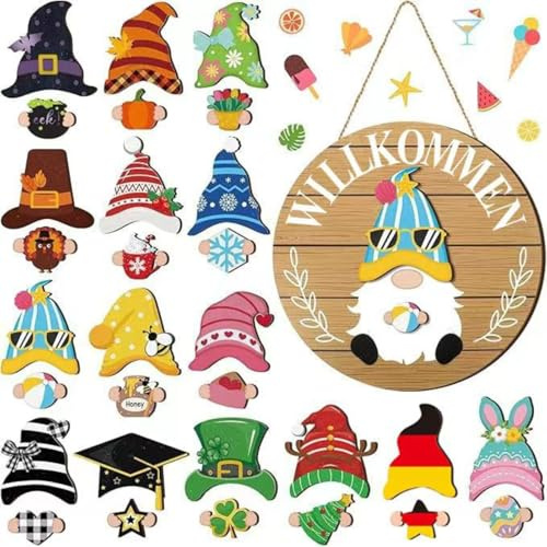 Wichtel Willkommensschild, 31 Stück Austauschbares Holz Wichtel Willkommen Schild Türkranz mit Zubehör für Halloween Weihnachten Herbst Ostern Haustür Deko, DIY Türschild für alle Jahreszeiten (A-01)
