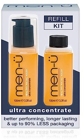 men-ü Gesunde Gesichtswäsche Nachfüller Starter Kit, bis zu 530 Wäschen, Ultra-Konzentrat Gesunde Gesichtsreinigung für Männer vor oder nach der Rasur, 100 ml Flasche + 100 ml Nachfüllpackung