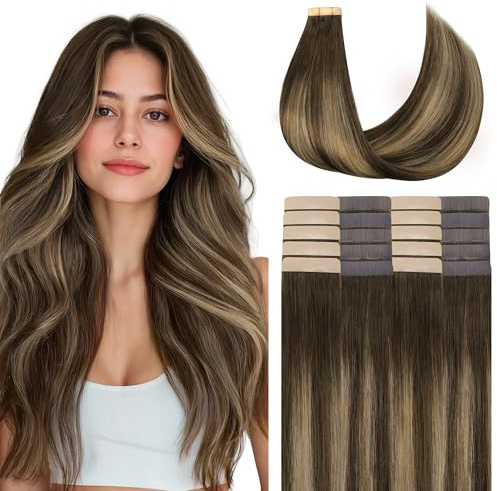 GOO GOO Tape Extensions Echthaar, 45cm 50g 20 Stk., #4/27/4 Balayage Braun | Schokolade Braun bis Karamell Blond, Remy Echthaar, Seidig Weich, Verfilzungsfrei, Unsichtbare, Langlebig, Alltag, Feiern