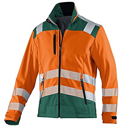 KÜBLER REFLECTIQ Softshell Jacke PSA 2 – Softshell Jacke mit Reflexstreifen und Stretch-Einsatz warnorange/moosgrün Gr. XS