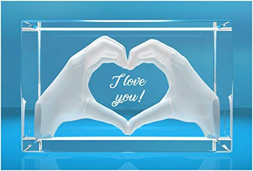 VIP-LASER 3D Glas Kristall mit Gravur I Herz aus zwei Händen I Text: I love you! I Das perfekte Liebesgeschenk zum Jahrestag, Valentinstag, Geburtstag oder zu Weihnachten!