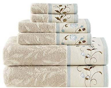 Madison Park Serene Badetuch-Set aus 100% Baumwolle, luxuriöses Blumenmuster, dekorative Handtücher für Badezimmer, Besticktes Baumwoll-Jacquard-Design, weich, sehr saugfähig, für Dusche, 600 g/m²,