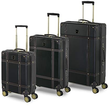 Rock Vintage Hard Shell Suitcase Set of 3 - Black | Set Includes S, M & L Cases - Nostalgic Design, Dual 360 Swivel Wheels - TSA Lock - Lightweight Build - Impact Resistant