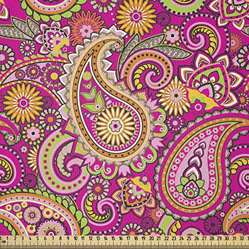 ABAKUHAUS Paisley Stoff als Meterware, Klare Blumen und Punkte, ausdehnbar mit Elestan für Heimwerkarbeiten und Näharbeiten, 3Meters, Mehrfarbig Magenta