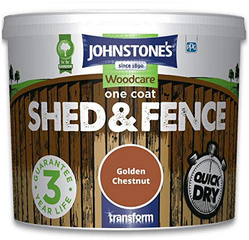 Johnstones Woodcare One Coat Shed & Fence Paint Garden Outdoor Fencing UV Protection Quick Dry 3 Year Life (9L - Golden Chestnut)