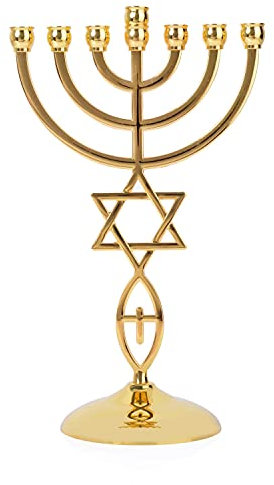 BRTAGG Kerzenhalter Menora mit 7 Zweigen, 21 cm Höhe, Davidstern-Design – Vergoldete jüdische Wohnkultur (Modell 3829)
