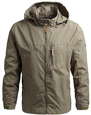 ORANDESIGNE Homme Veste Coupe-Vent De Sport Blouson Léger Mi-Saison avec Capuche Détachable Fermeture Eclair A Kaki 3XL