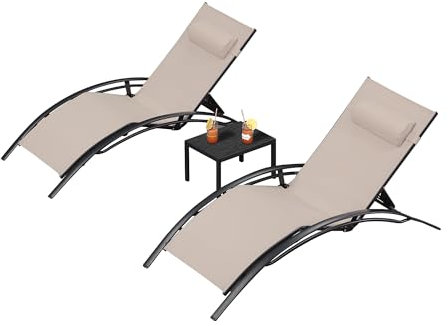 PURPLE LEAF XXL 2er-Set Sonnenliege, Aluminium Gartenliege mit Beistelltisch und Kopfkissen, Wetterfest, 5-Fach Verstellbar, Stapelbar, Bis 180 KG, Beige