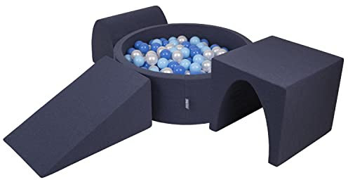KiddyMoon Area di Gioco in Schiuma con Tondo Piscina di Palline (200 Palline) per Bambini, Blu Scuro:Azzurro/Blu/Perla