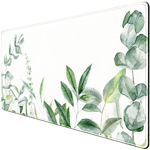 Eucalyptus Leaves Large Mouse Pad Green Plants Extended Gaming Mousepad, Leaf Desk Mat with Stitched Edges XXL Size (31.5x15.75 Inchs), Wireless Mouse Keyboard Mat for Desktop Laptop, Game, Office