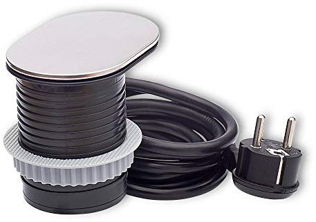 Möbel-Steckdose versenkt für Küche und Büro - 1-Fach mit USB aus Edelstahl für Schreibtisch - 1,9 Meter Kabel, Arbeitsplatte, Tischsteckdose, Unterbausteckdose, Küchensteckdose