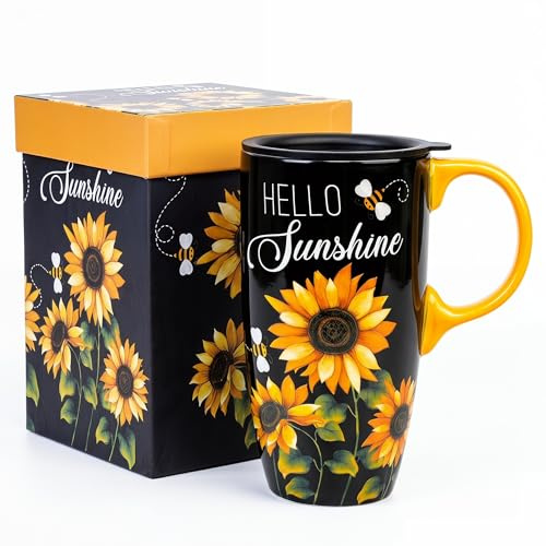 Topadorn Keramikbecher 500 ml mit Deckel, Sonnenblumen Tasse | 500 ml Keramikbecher • Sonnenblumen-Design • Mit Deckel & Griff • Mikrowellen- & Spülmaschinengeeignet