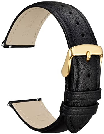 WOCCI 20mm Blumen Uhrenarmband für Damen und Herren, Echtes Leder, Schnellverschluss, Goldener Schnalle (Schwarz)