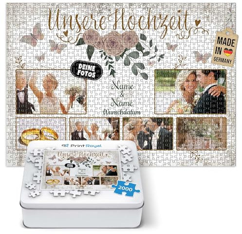 Foto-Puzzle selbst gestalten - Unsere Hochzeit - mit Namen, Datum und 6 Fotos personalisierbar, Hochzeitsgeschenke | personalisiertes Geschenk, 2000 Teile, inkl. Metalldose