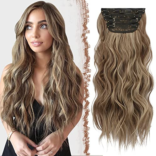 FESHFEN Clip in Extensions, 4PCS Haarverlängerungen mit Clips Synthetik Gewellte Haarextension Hellbraun Gemischt Aschblond Wavy Wellig Haar Extensions Clip in Haarteil für Frauen 50 cm