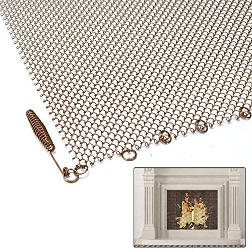 Flehomo 26 × 24 Zoll Kamin Mesh Bildschirm Vorhang Ersatz Kamin Bildschirm Vorhang für Kamin Dekorative Funkenschutzkette Scroll Verpackung Antik Messing