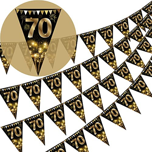 Wimpelkette Happy 70th Birthday, goldfarben und schwarz, glitzernd, Party-Dekoration, dreieckig, 40 Stück