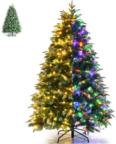 GiantexUK 5FT/6FT Pre-Lit Christmas Tree, Artificial Hinged Pine Xmas Tree with 250/350 LED Lights, 11 Flash Modes, 581/899 Tips, Pine Cones & Red Berries, Festival Snowy Decoration Tree (6ft/1.8m)