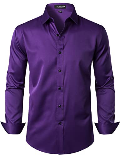 LucMatton Camicia da uomo formale elasticizzata senza pieghe a maniche lunghe slim fit button down camicie per festa di nozze, Viola, S