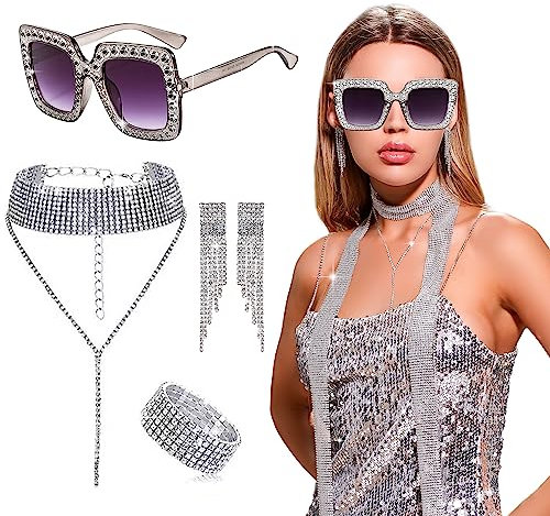 LaVenty Silbrig Disco Cowgirl Kostüme Mamma Mia Outfit für Frauen 90er Jahre Party Abba Kostüme Disco Party Accessoires