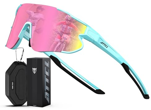 ATTCL XQ548 - Gafas de sol de béisbol para niños y adolescentes, ligeras, UV400, gafas de ciclismo para niños y niñas, Marco azul y lente rosa, Medium
