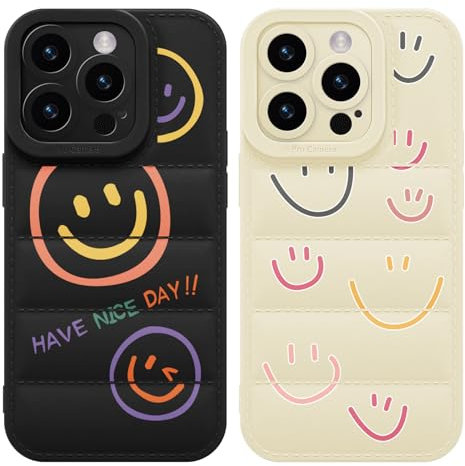 Yoedge 2 Piezas Puffer Funda para iPhone 12 Pro 6,1, Ultrafina Flexible Suave TPU Silicona Carcasa con Aesthetic Dibujos, Antigolpes Anti-arañazos Protectora Caso para iPhone 12 Pro, Smile Face 2