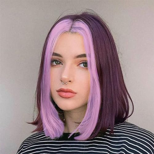 VEBONNY Peluca frontal de encaje morada con mechas lila, de cabello sintético para mujeres, bob largo hasta el hombro de 35 cm VEBONNY-818