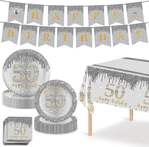MORAINJAY Juego de vajilla de 54 piezas para fiesta de 50 cumpleaños, juego de vajilla de diamante plateado y dorado, incluye servilletas, platos, mantel y pancarta, suministros para fiesta de 50