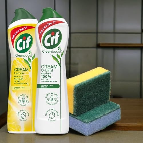 Cif Cream Cleaner 2 x 500ml Pack - Cif Cream Cleaners Original and Lemon with Sponge - Perfect Household Cleaning Bundle