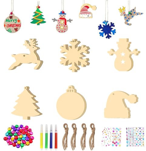 36 Stück Holzanhänger Weihnachten Bastelset für Kinder,Weihnachtsbasteln DIY Weihnachtsdeko Holz Weihnachtsanhänger Baumschmuck Weihnachten Geschenkanhänger,Weihnachtsbaum,Schneeflocke,Schneemann