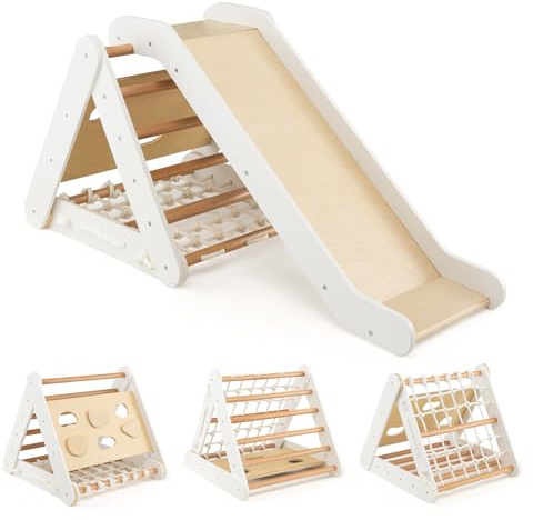 HOMASIS 3 en 1 Triangle d'escalade de Pikler en Bois, Jeu d'escalade Montessori avec Toboggan & Echelle, Aire de Jeux Intérieure pour Enfants de 1+ Ans, Capacité de 60kg (pâle)