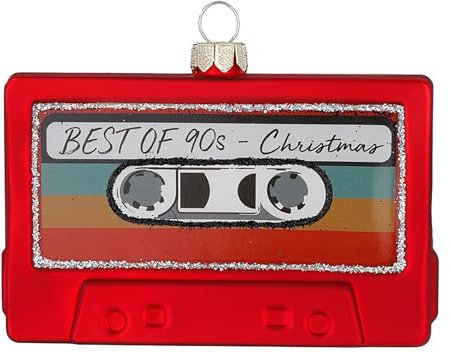 Christbaumschmuck Glas 10cm - Musikkassette Figur zum Aufhängen - handbemalt - Weihnachtsbaum Anhänger für Weihnachten - Christbaumanhänger & Weihnachtsbaumschmuck - Kassette Rot