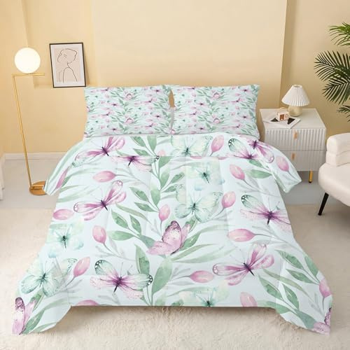 Grüne Blätter Bettdecke 135x200 4 Jahreszeiten, Wende Steppdecke 135x200, Warme Ganzjahresdecke Rosa Schmetterlinge Bettdecke ohne Bezug Waschbar Schlafdecke mit 2 Kissenbezug 80x80cm