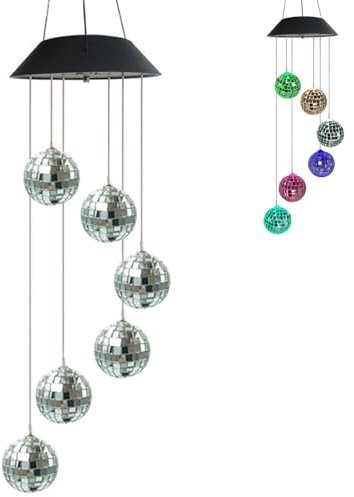 POFET Color Changing Crystal Ball Solar Wind Chime Lamp, Mobile Solar Powered Wind Chime Hanging Light, Disco Mirror Ball Lamp for Garden Landscape Pathway Festival Decoration