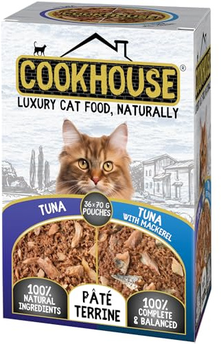 COOKHOUSE 100% Natural & Complete Luxury Wet Cat Food - Tuna Loin/Tuna Loin with Mackerel - Pate Terrine - 36 x 70g Pouches