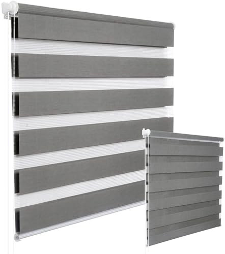 WOLTU 2 Stück Doppelrollo Klemmfix ohne Bohren Duo Rollo Klemmrollo für Fenster mit Klemmträger, Fensterrollo Lichtdurchlässig & Verdunkelnd Wandmontage, Holzlook Grau, 55x150 cm (Stoffbreite 51 cm)