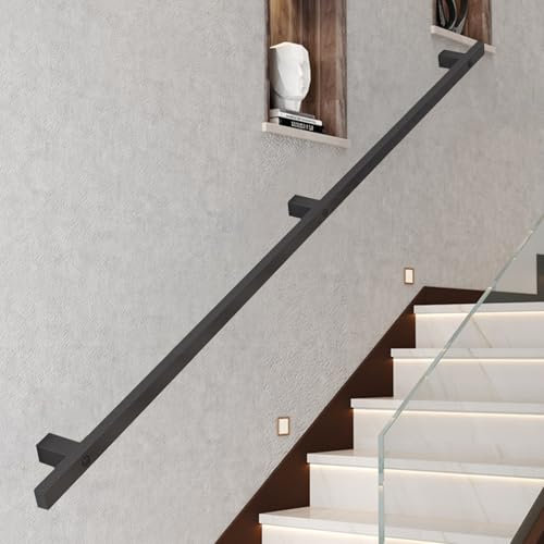 Whnoorher Treppen-Handlauf-Halterungs-Set, 1 m, 1,5 m, 2 m, 2,5 m, 3 m, Treppengeländer, Metall-Handlauf-Stützstangenschienen für drinnen und draußen – Schwarz(390cm)