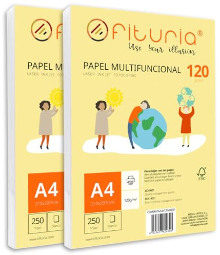 Packung mit 500 weißen DIN A4 Blättern, 120g Druckerpapier. Multifunktionales Kopierpapier für Schule und Büro. Ideal für Laserdrucker, Tintenstrahldrucker oder Kopierer – Ofituria