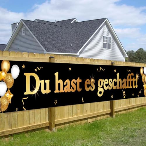 Du hast es geschafft Banner 270x40cm Graduation Deko Schwarz Gold Prüfung Bestanden Banner Geschenk Hängende Deko für Bachelor Master Abschluss Ausbildung Abitur