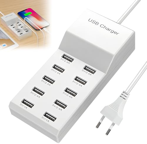 WIYETY 10 Port USB Ladegerät: 50W Multi-Port-USB-Ladestation, Einzelanschluss 5V/2,4A, 10 Ports Hub Ladestation Schnellladen, mit Schnellladeautomatik-Erkennungstechnologie, für Verschiedene Geräte