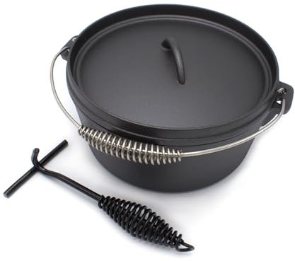 Rin & Rut Dutch Oven aus Gusseisen - 25 cm, 3.9L I Temperaturbeständig bis 400°C, mit Flanschdeckel, Pfannenfunktion & Deckelheber I Für Schmoren, Kochen & Grillen über offenem Feuer