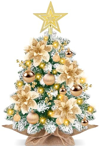 DTYDECLE Artificial Mini Christmas Tree, 60cm Lit Champagne Small Christmas Tree Snow Flocked Tabletop Small Xmas Tree with Star Topper for Xmas DIY Holiday Decorations