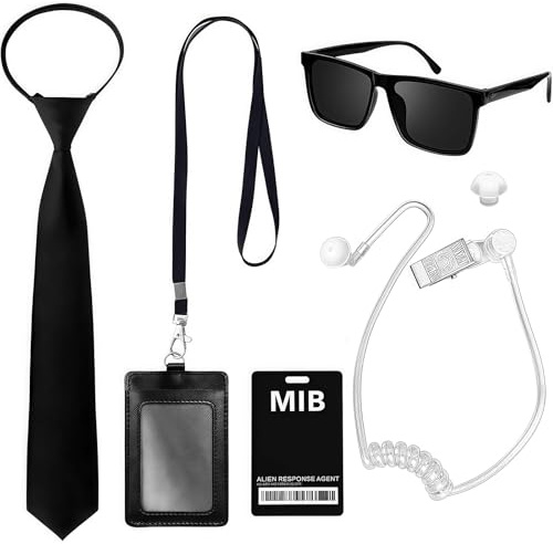 WANGWANG Men in Black Kostüm, Security Kostüm Zubehör mit Schwarzer Sonnenbrille Zip Krawatte Hörer ID Karte und Kartenhalter, Agenten Kostüm Kinder für Karnevals Halloween Cosplay