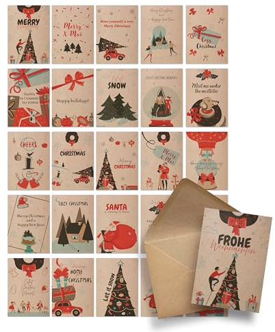 Ausgewählt verpackt Weihnachtskarten mit Umschlag Set – 25 Weihnachtspostkarten, A6 – lustige Karten mit Sprüchen zu Weihnachten – ausgefallen oder klassisch – (ENGLISCH, SET 1)